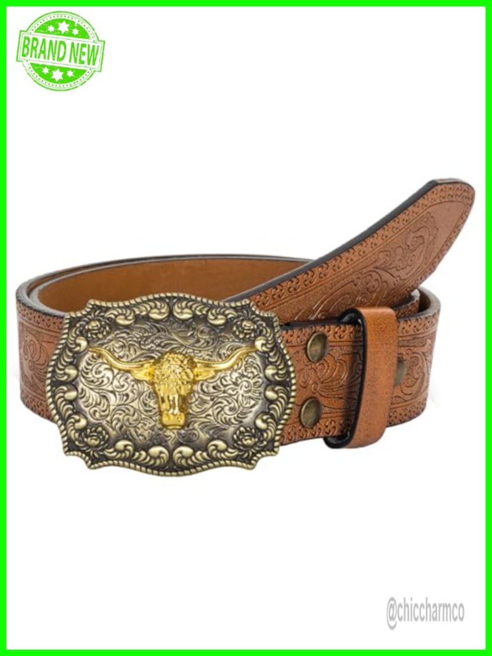 Western Cowboy PU Leather Belt Turquoise Oval Buckle Embossed